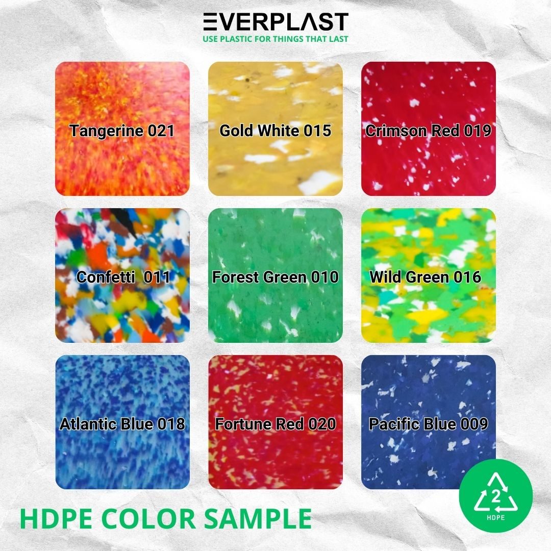 HDPE color samples — 9 colors including Tangerine, Gold White, Crimson Red, Confetti, Forest Green, Wild Green, Atlantic Blue, Fortune Red, Pacific Blue