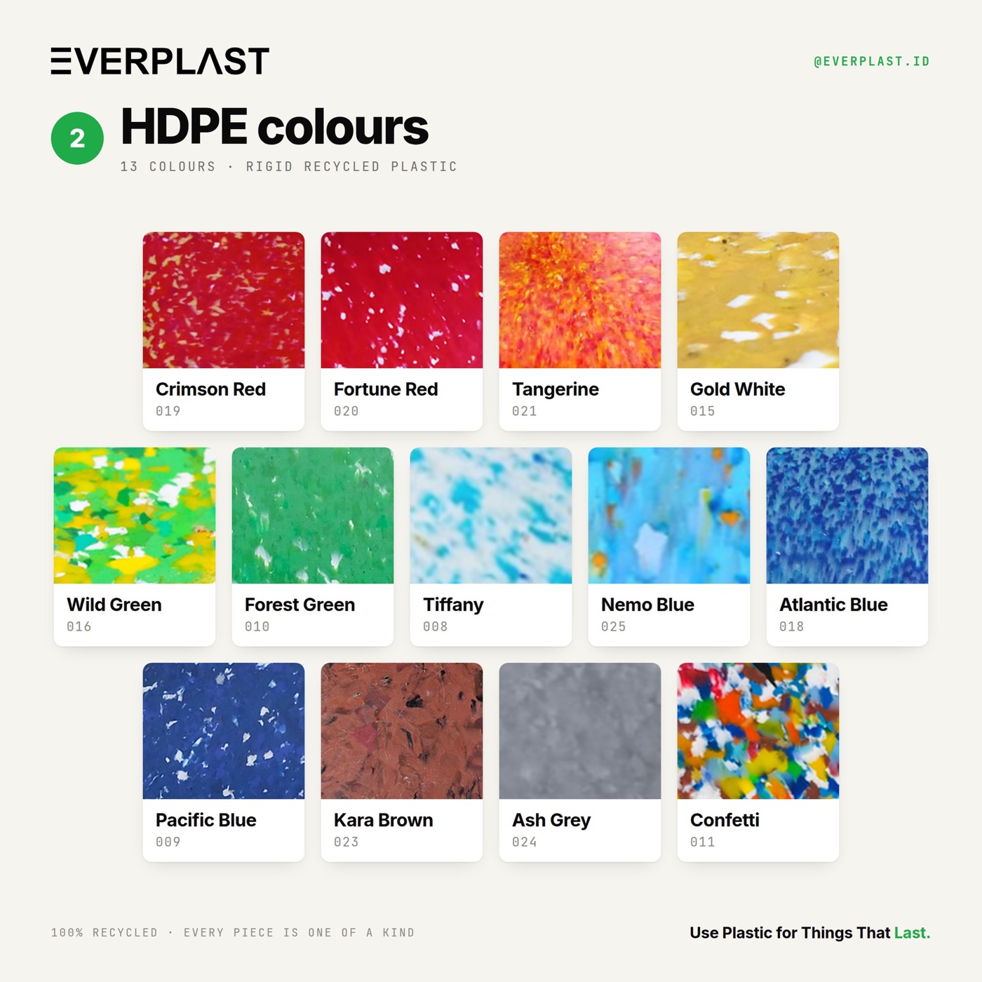 HDPE colour sheet — 13 colours: Crimson Red, Fortune Red, Tangerine, Gold White, Wild Green, Forest Green, Tiffany, Nemo Blue, Atlantic Blue, Pacific Blue, Kara Brown, Ash Grey, Confetti