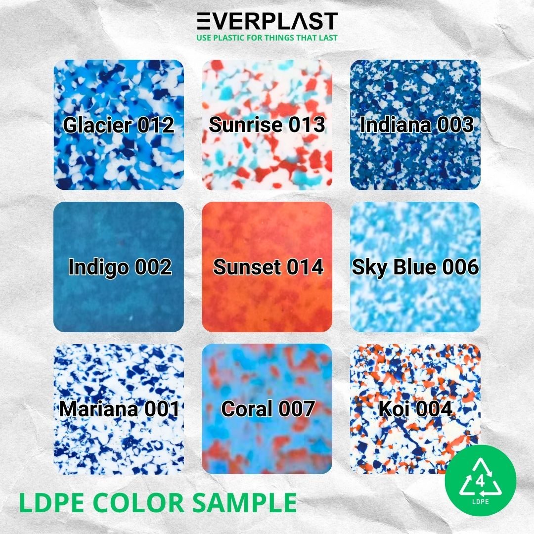 LDPE color samples — 9 colors including Glacier, Sunrise, Indiana, Indigo, Sunset, Sky Blue, Mariana, Coral, Koi